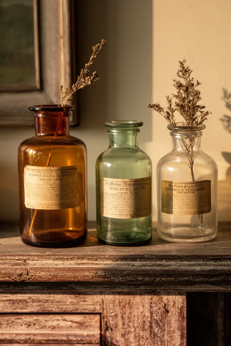 Vintage apothecary bottle cluster on a rustic vintage mantel variation 1