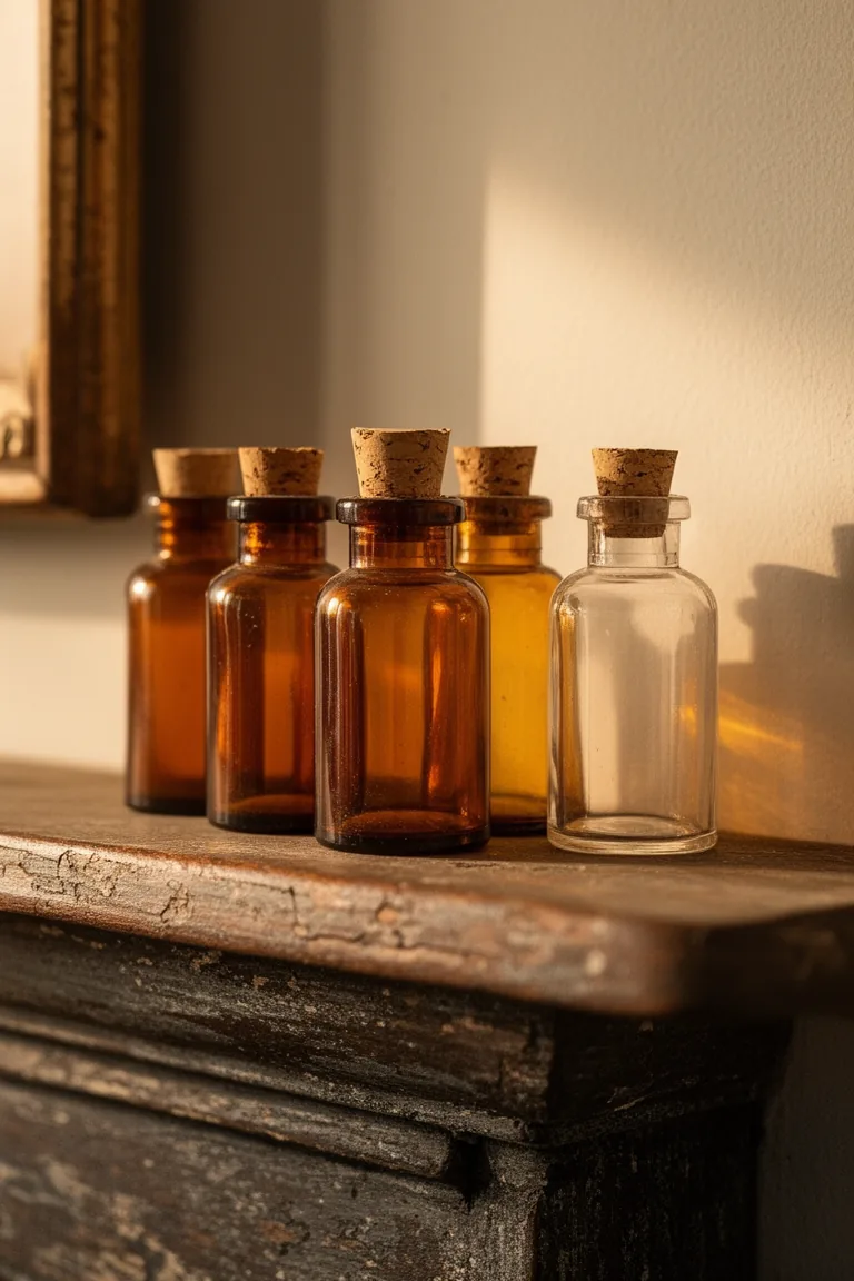 Vintage apothecary bottle cluster on a rustic vintage mantel variation 2