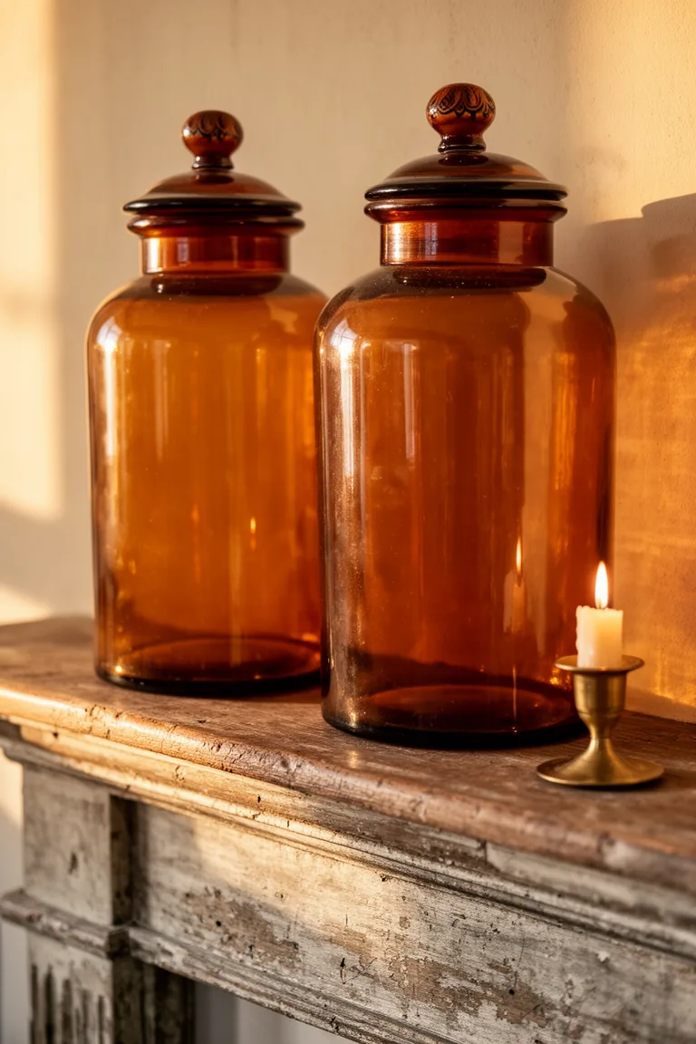 Vintage apothecary bottle cluster on a rustic vintage mantel variation 3
