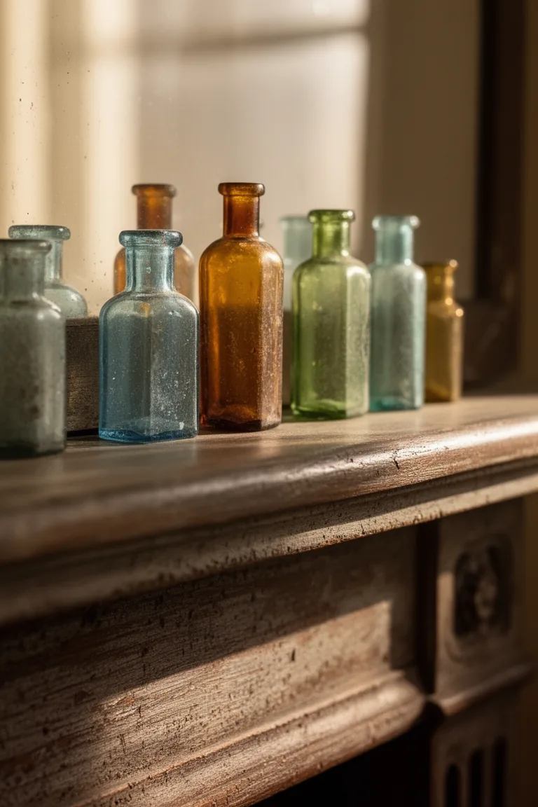 Vintage apothecary bottle cluster on a rustic vintage mantel variation 4