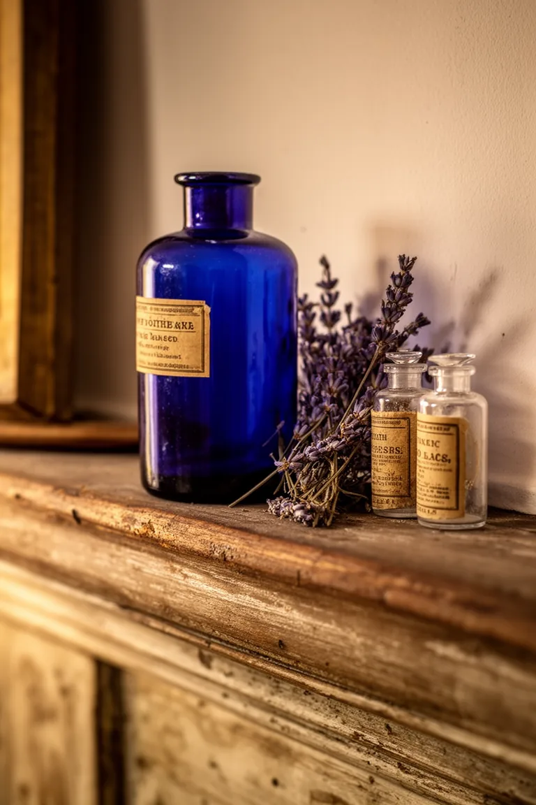 Vintage apothecary bottle cluster on a rustic vintage mantel variation 5