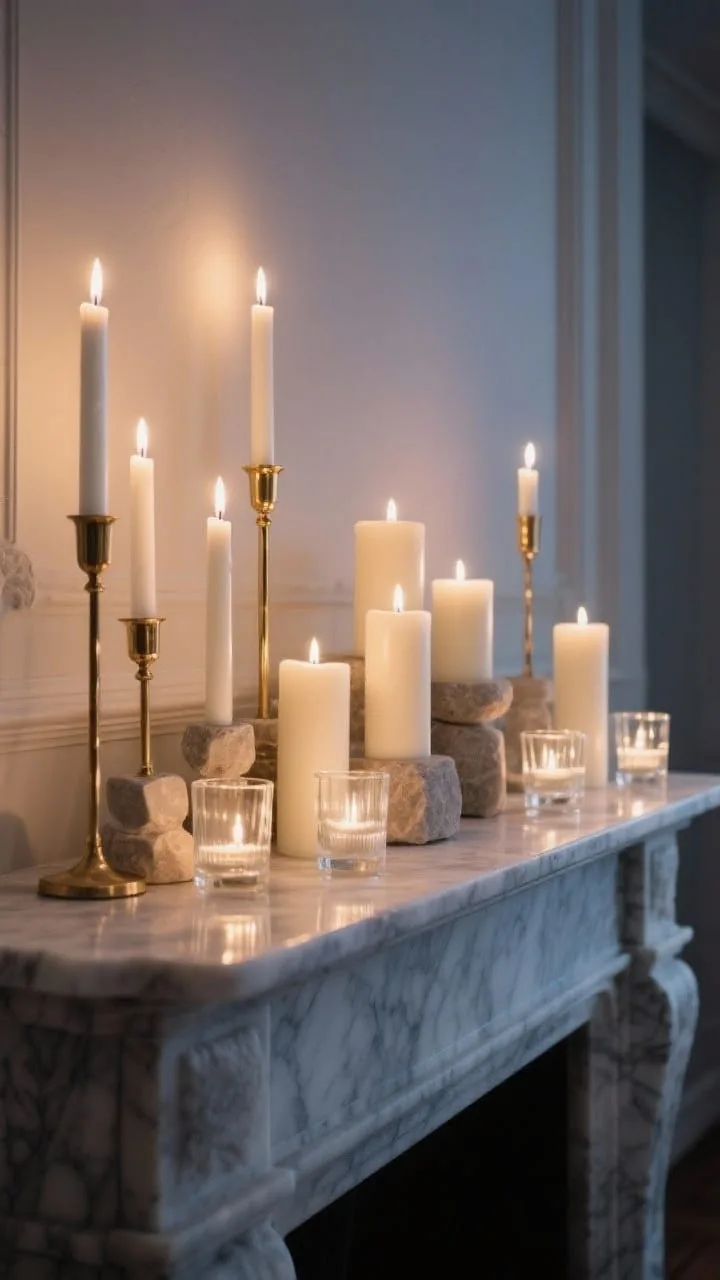Dramatic candlelight on an elegant mantel