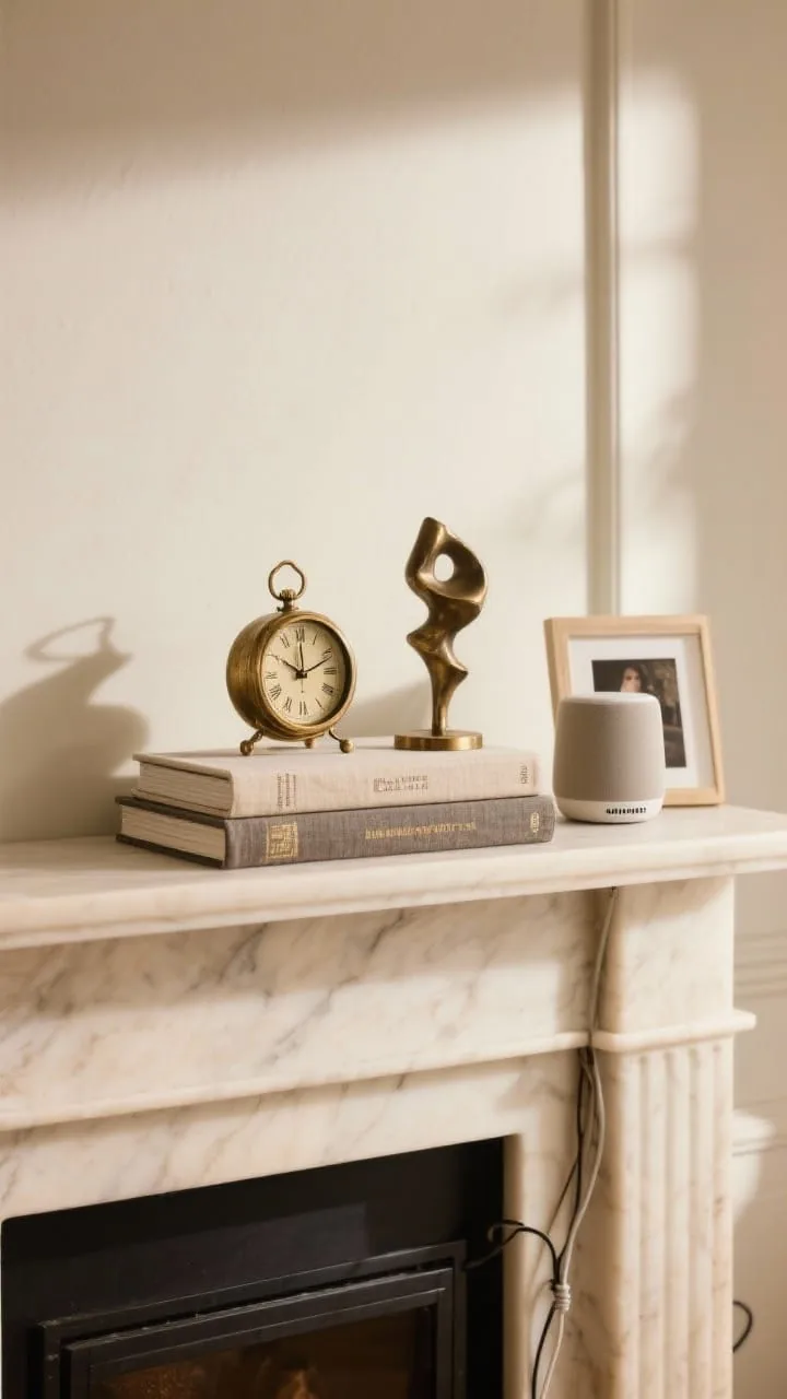Personalized yet elegant mantel with books and heirlooms
