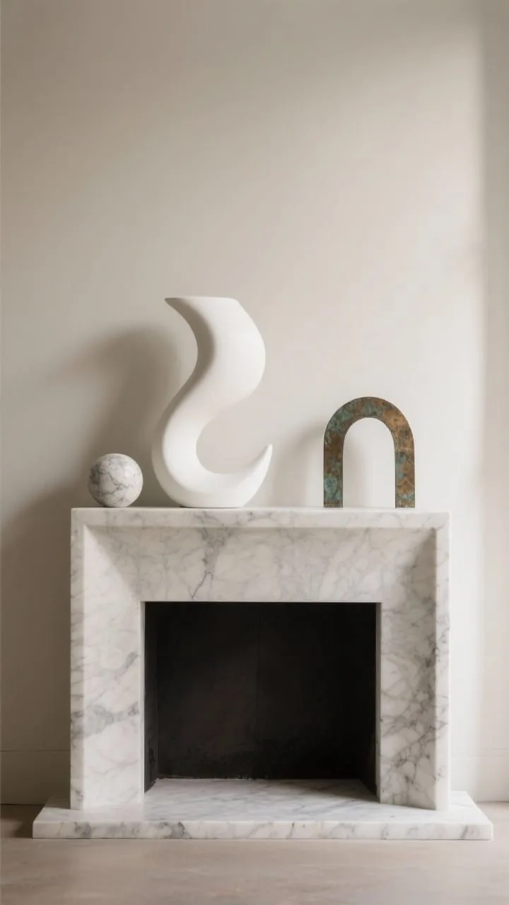 Sculptural objects on a pared-back elegant mantel