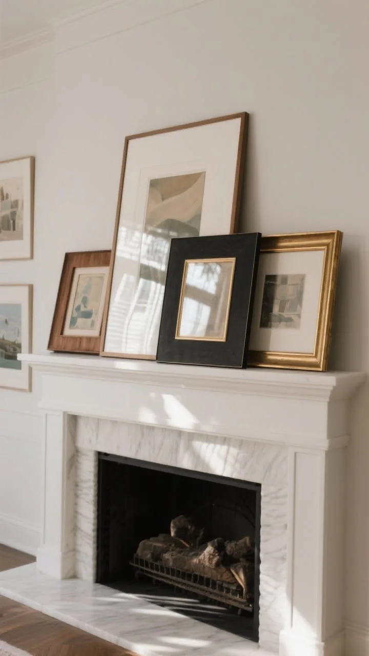 Mantel with layered art arranged in a curator's style