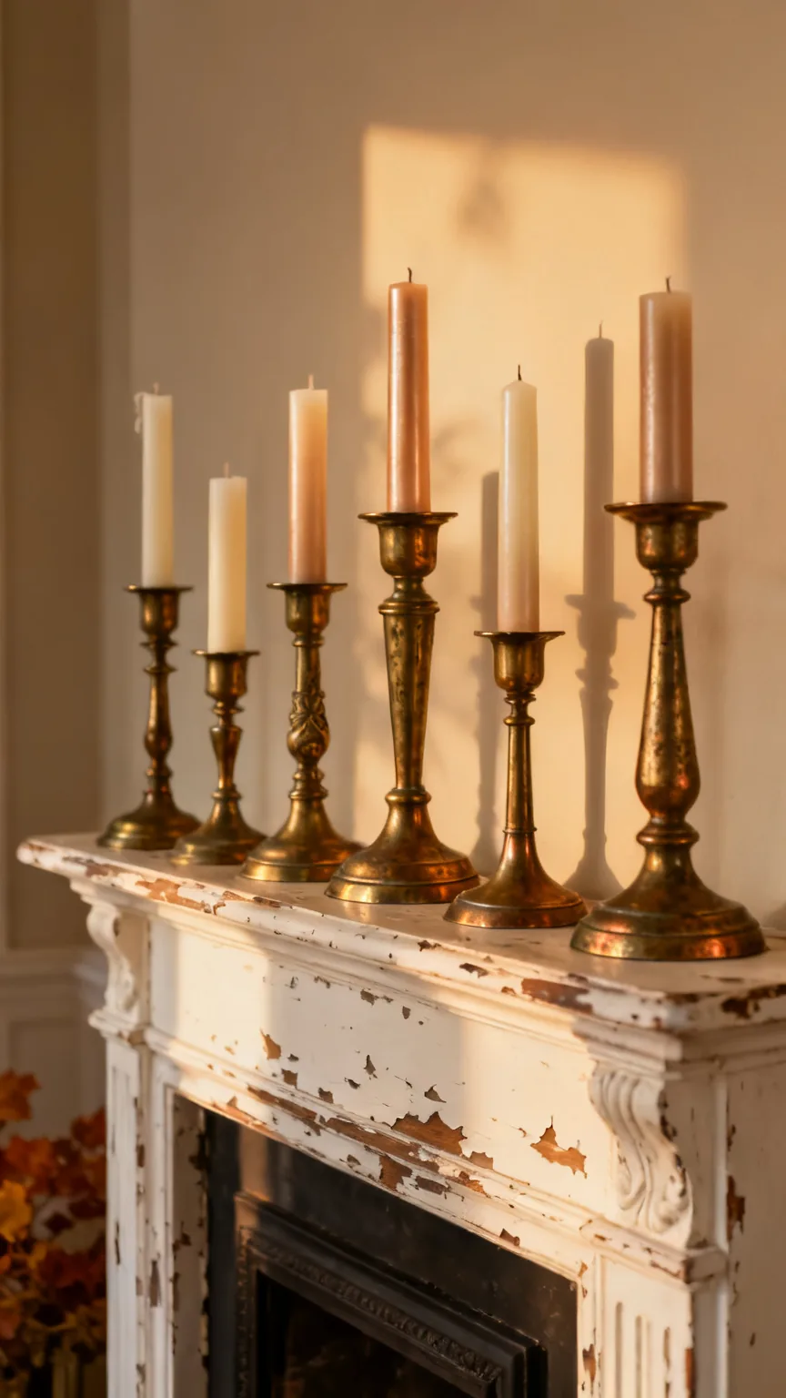 Vintage brass candlesticks lineup on an elegant mantel