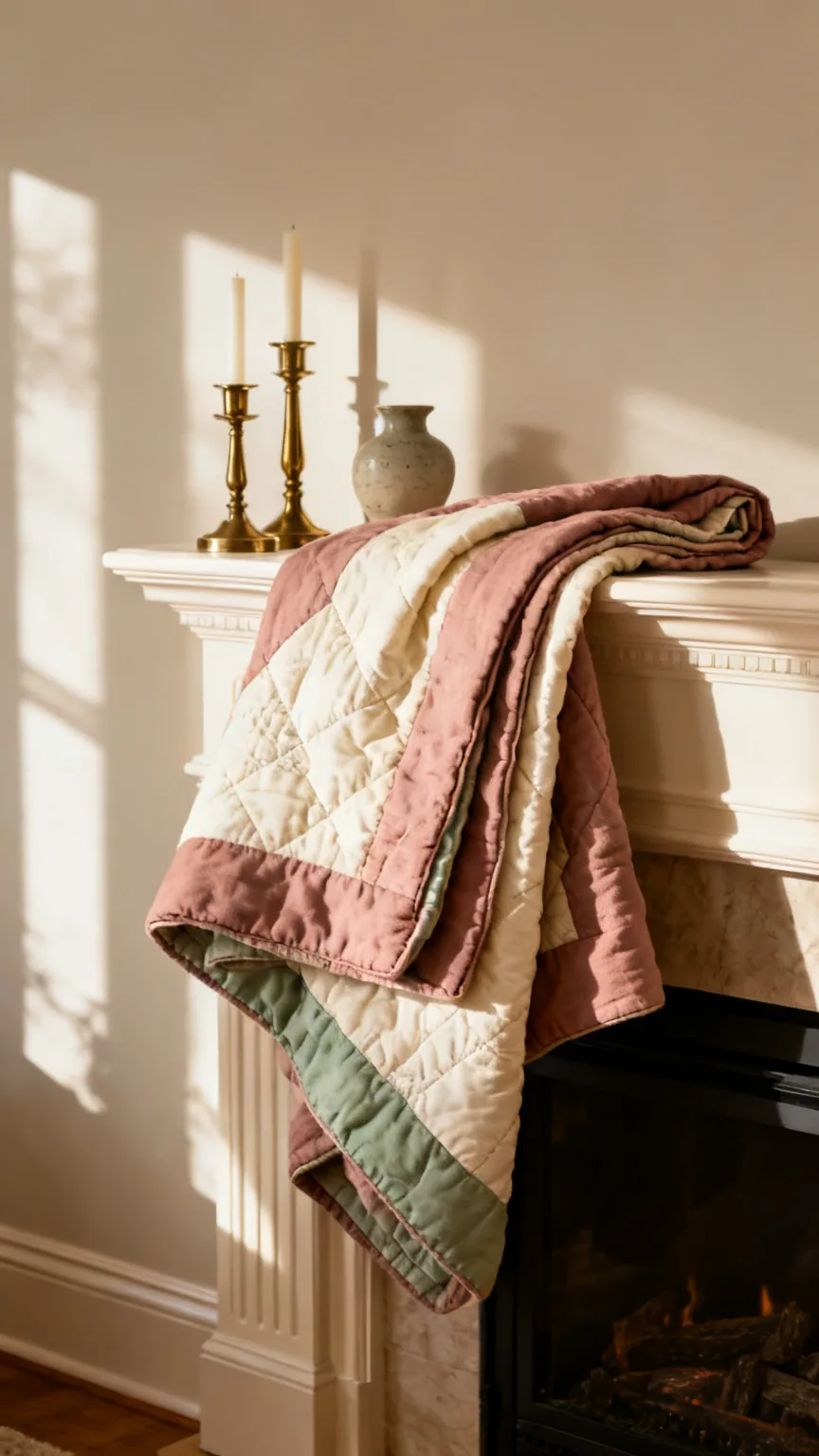 Heirloom quilt draped over the edge of an elegant mantel