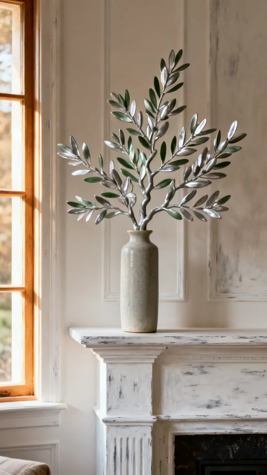 Tall olive branch statement on an elegant mantel