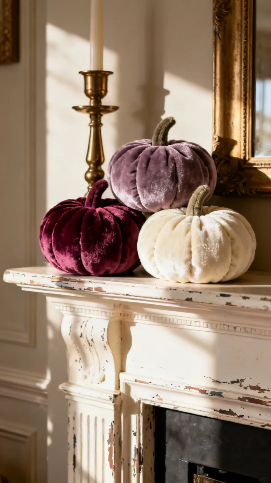 Velvet pumpkin accent cluster on an elegant mantel