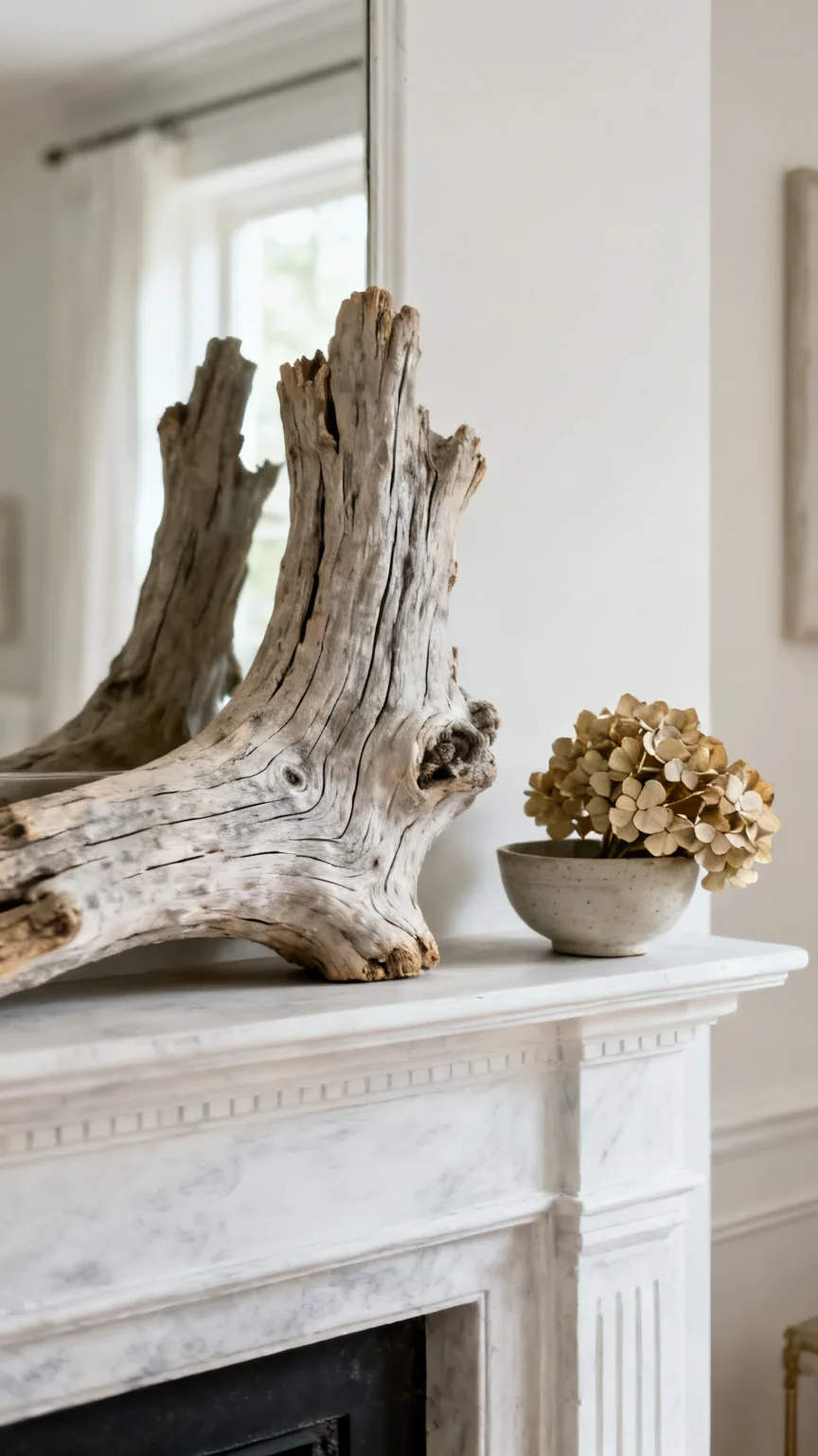 Driftwood sculptural anchor on an elegant mantel