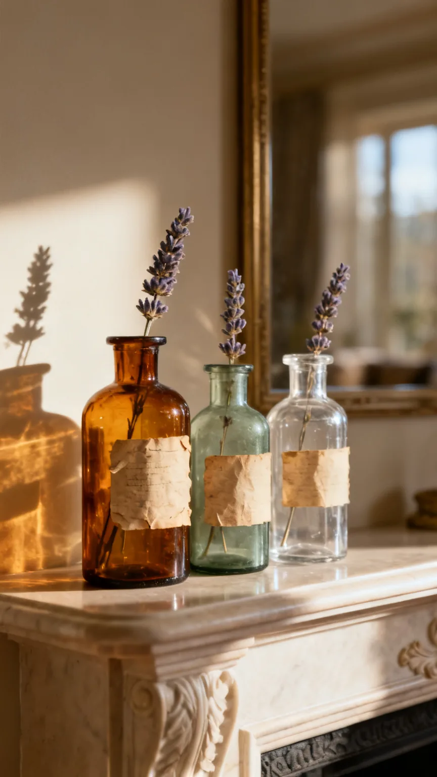 Antique apothecary bottles on an elegant mantel
