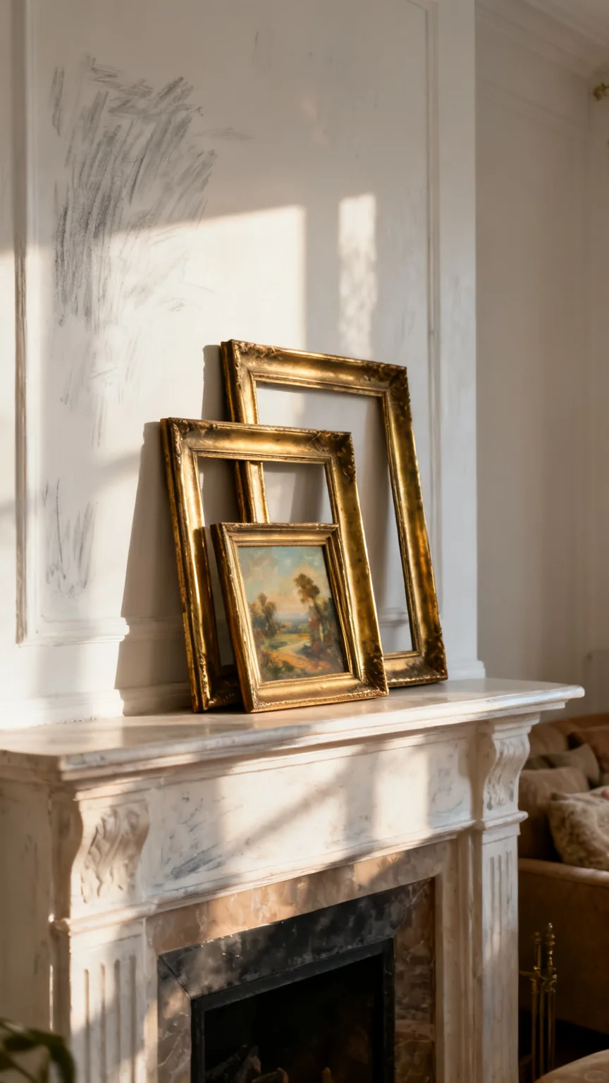 Layered brass frames on an elegant mantel