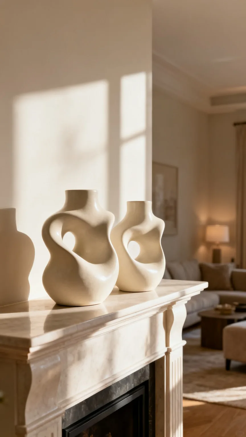 Modern ceramic sculptures on an elegant mantel