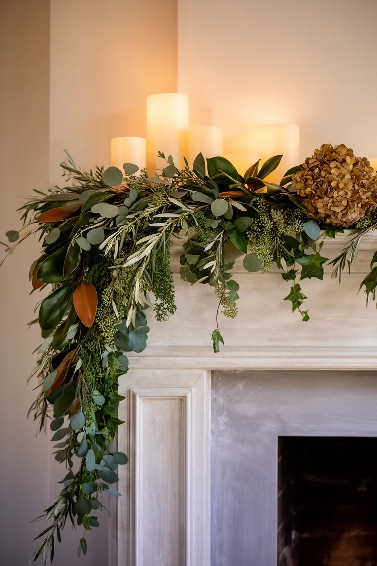 Cascading greenery on elegant mantel variation 1
