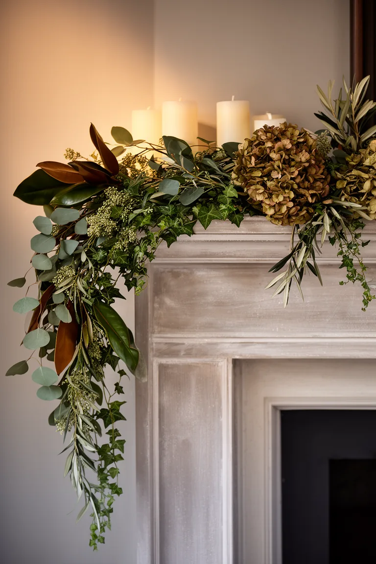Cascading greenery on elegant mantel variation 2