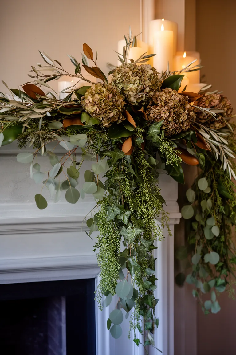 Cascading greenery on elegant mantel variation 3