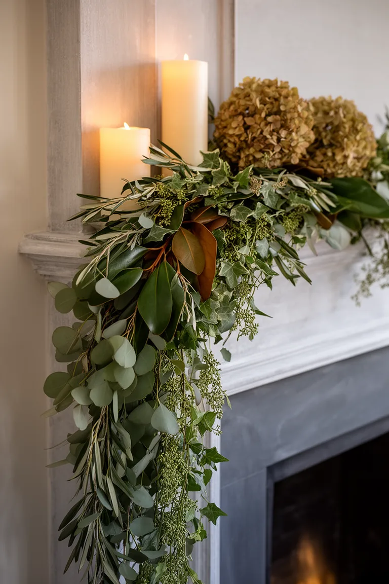 Cascading greenery on elegant mantel variation 4