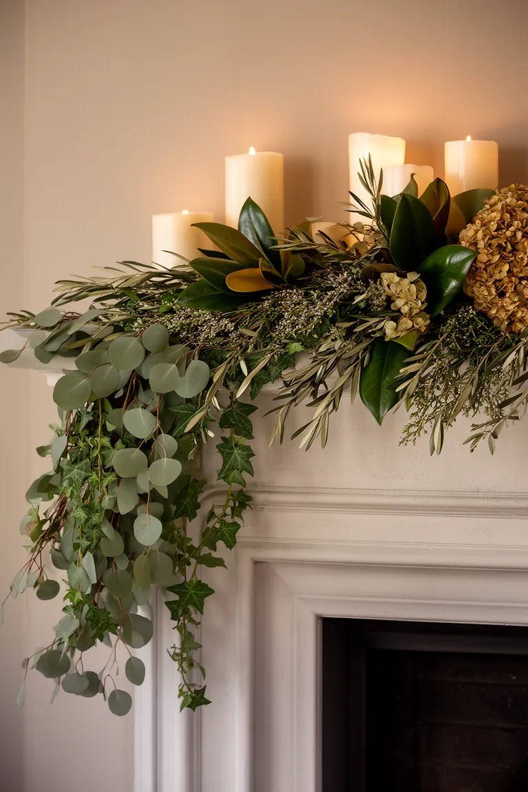 Cascading greenery on elegant mantel variation 5