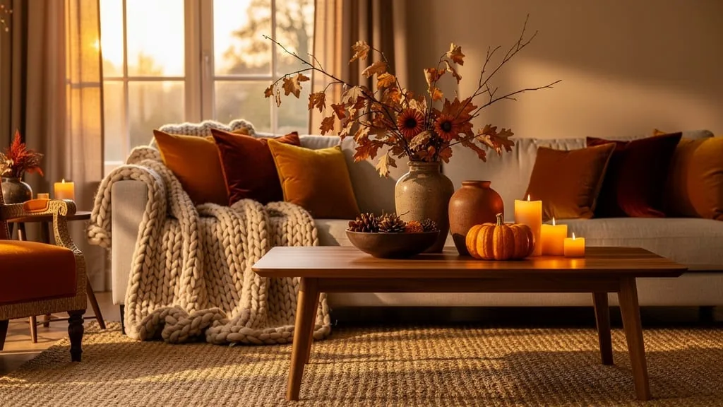 Late summer to fall living room decor: lighter neutrals, cozy textures and warm transitional accents
