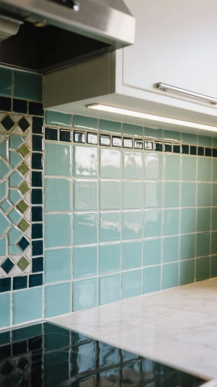 Medium-close backsplash focus: A retro kitchen wall tiled in glossy square tiles set in a stacked grid for a clean mod look; shade variations suggest hand-fired, slightly wabi-sabi character; alternating field of geometric mosaic inserts adds personality; dark grout around a run of classic subway tiles on an adjacent section; chrome schluter edging echoes vintage trim; bright, reflective finish with under-cabinet task lighting highlighting the shine.