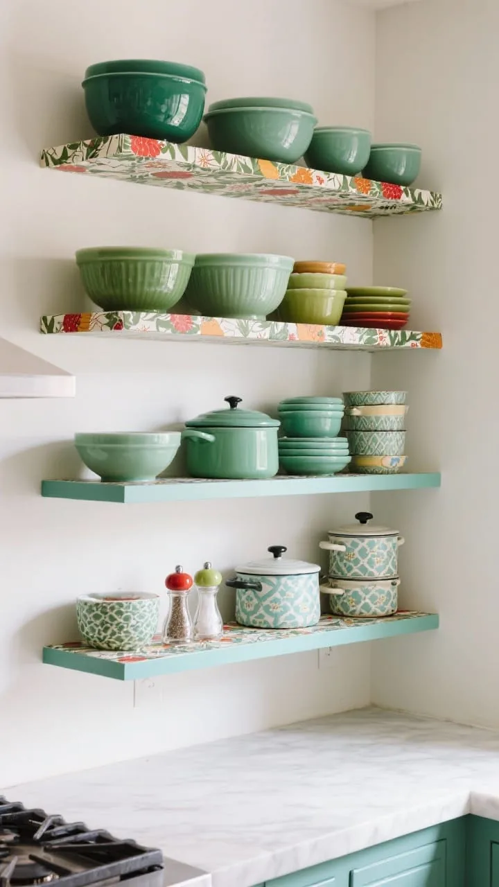 Straight-on medium shot: Open kitchen shelves curated by color, jadeite bowls, patterned Pyrex stacks, enamel pots, and kitschy salt-and-pepper shakers; staggered heights using risers for layered display; shelves lined with retro contact paper and painted edges as a charming accent; seasonal color groupings for a cohesive, gallery-like presentation; even daylight for clarity.