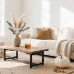 Neutral fall decor in a minimalist home with layered textures, dried stems, candles and warm wood and stone