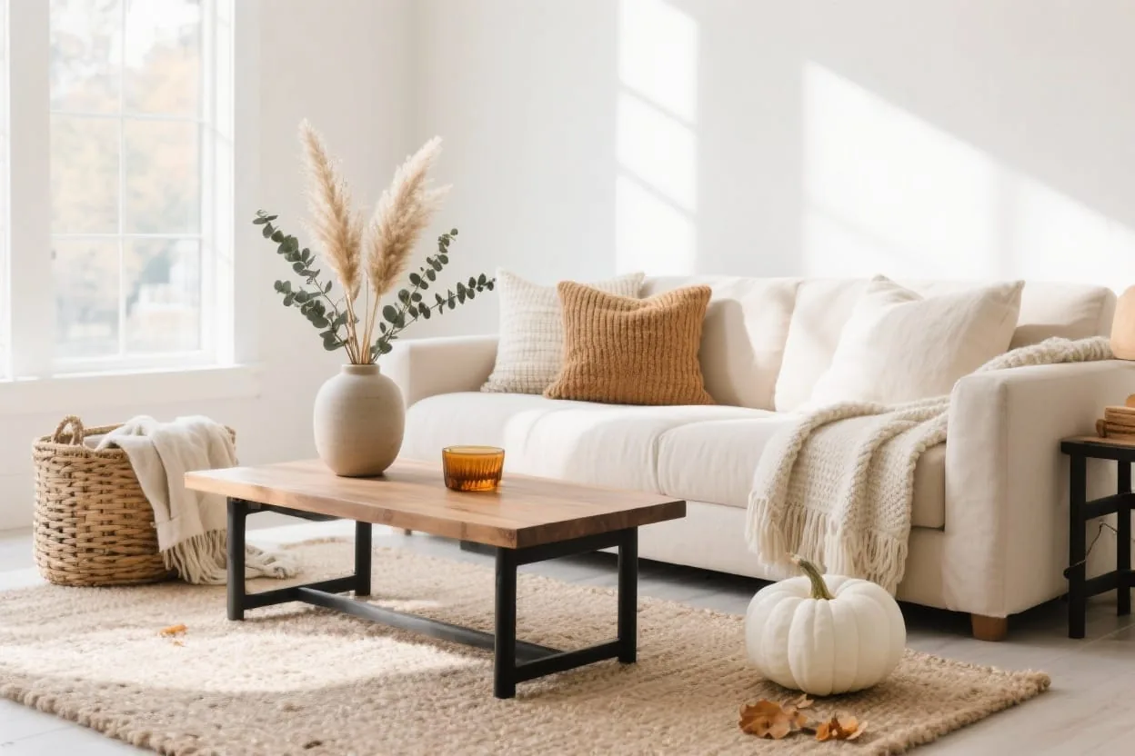 Neutral fall decor in a minimalist home with layered textures, dried stems, candles and warm wood and stone