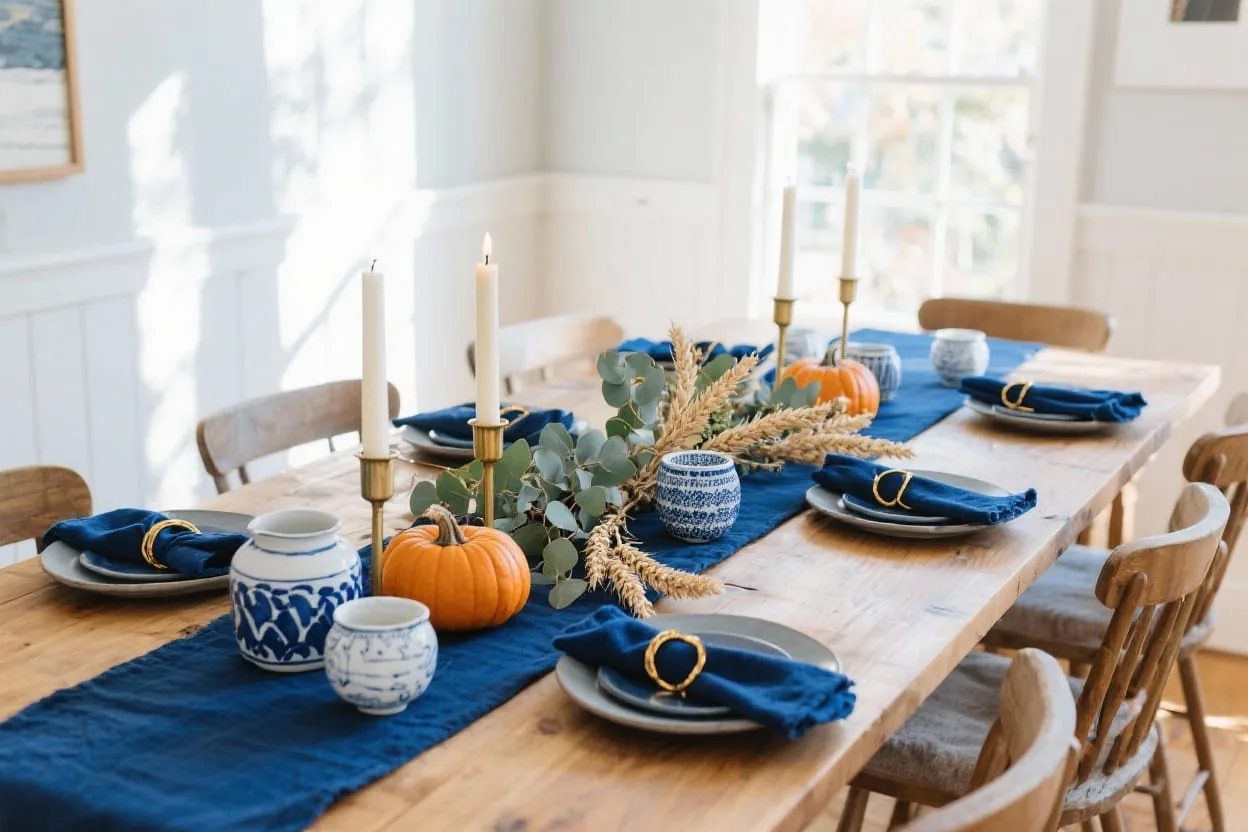 Blue fall table decor with navy linen, copper accents, candlelight and harvest touches for a cozy autumn dinner