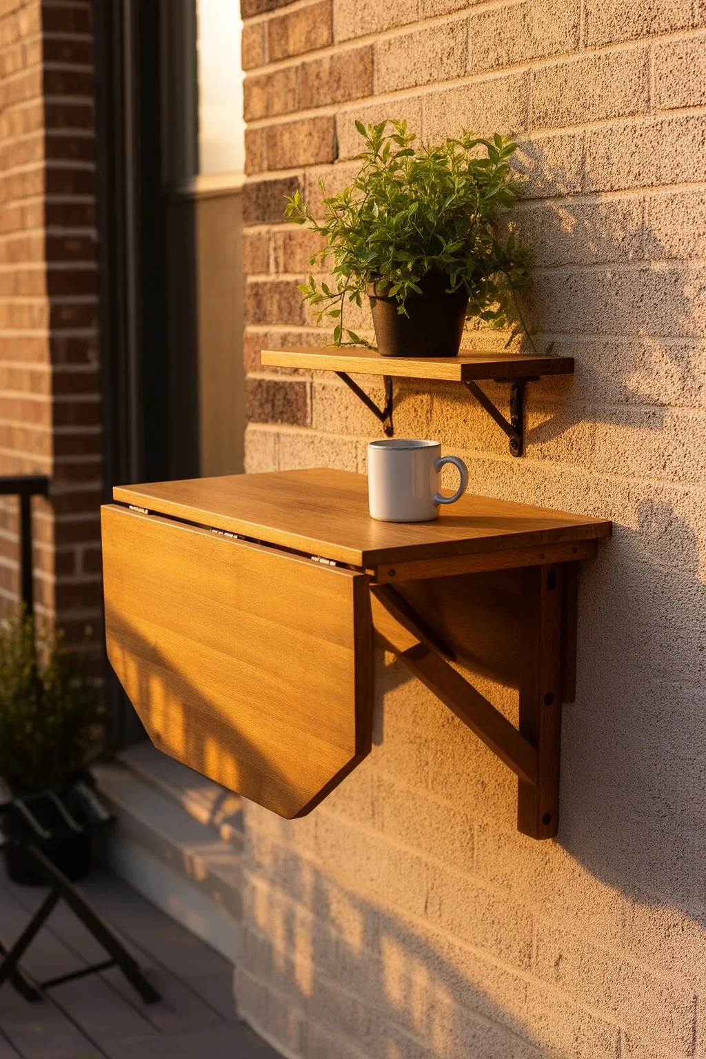 Fold-down wall-mounted table on apartment patio