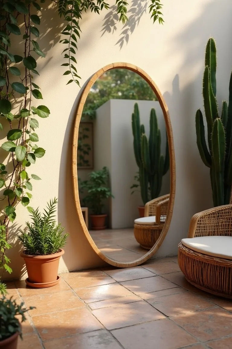 large round mirror leaning on boho patio stucco wall