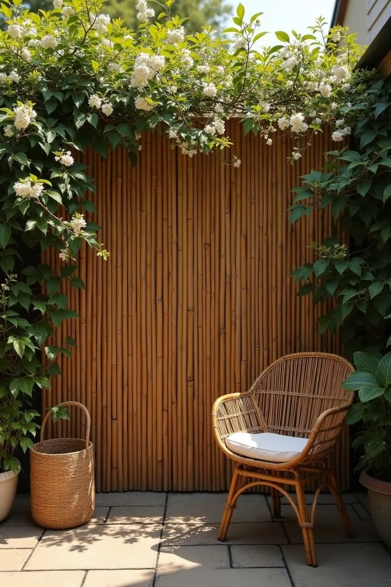 bamboo privacy screen on boho outdoor space with climbing jasmine