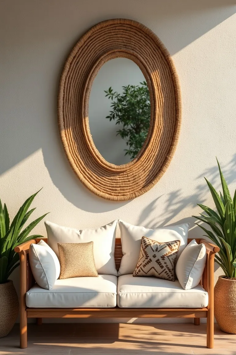 boho outdoor wall with oval mirror and woven art on textured stucco