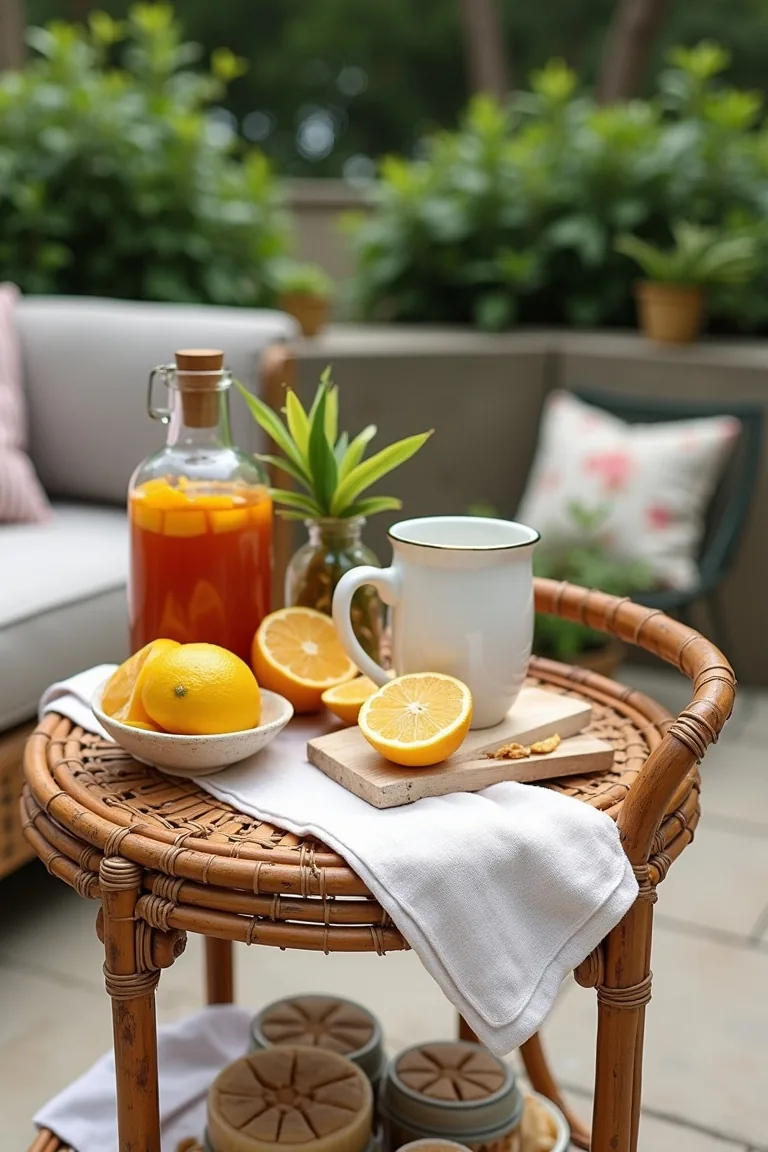 rattan bar cart with citrus ceramics and vintage pitcher