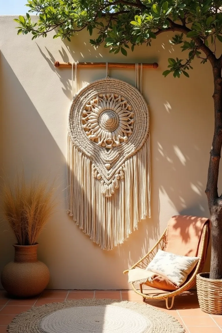 large woven macrame wall hanging on outdoor stucco wall