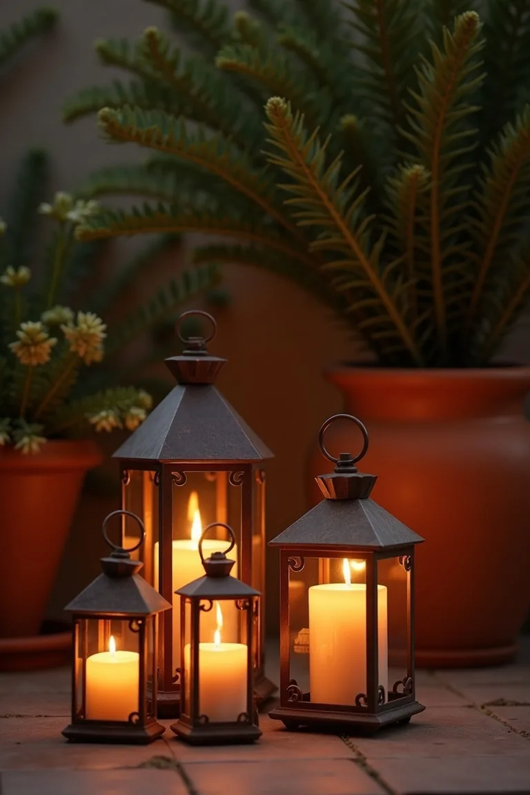 metal lanterns with pillar candles on boho patio at evening