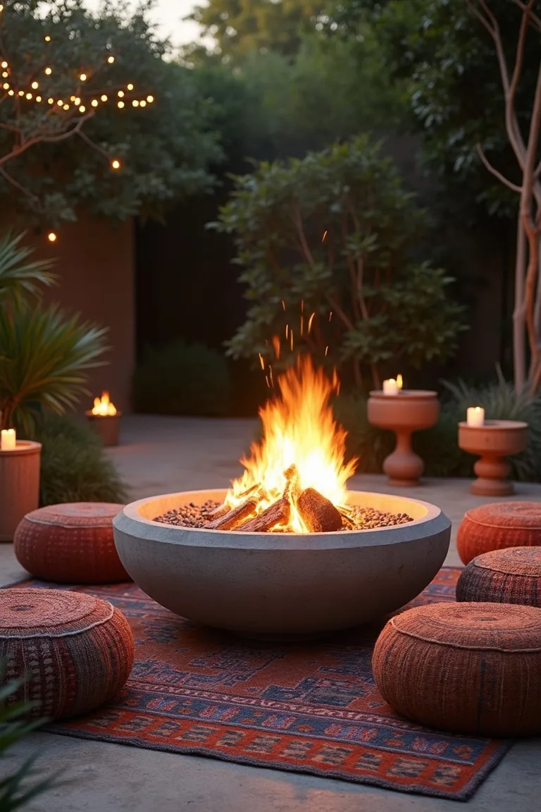 sculptural concrete fire pit surrounded by kilim floor poufs