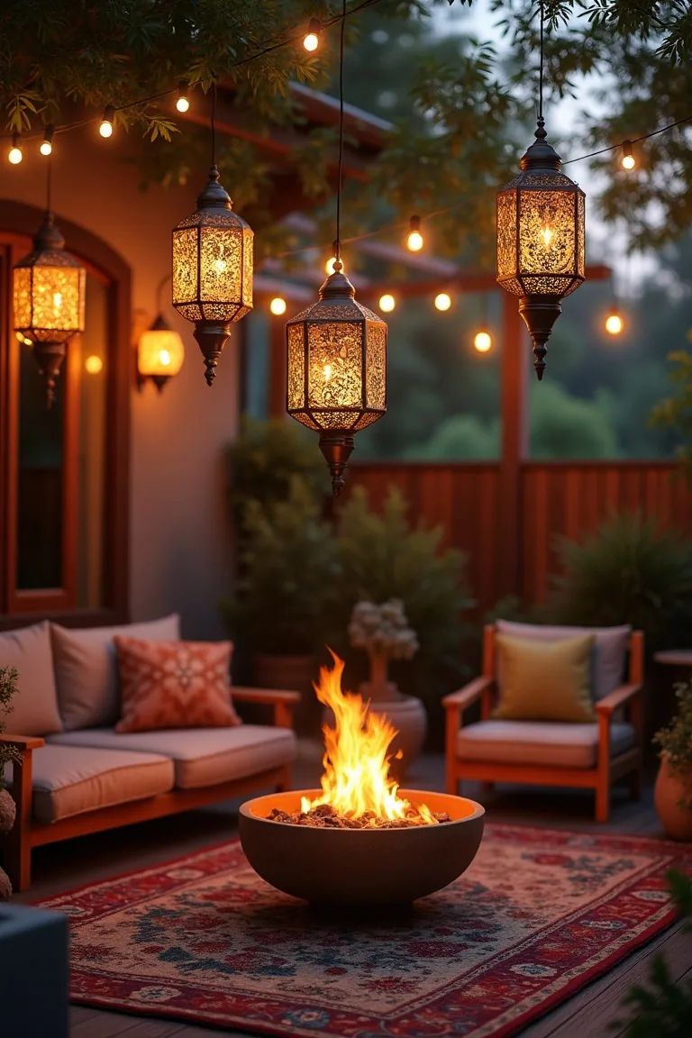 boho patio at dusk with hanging moroccan lanterns and string lights