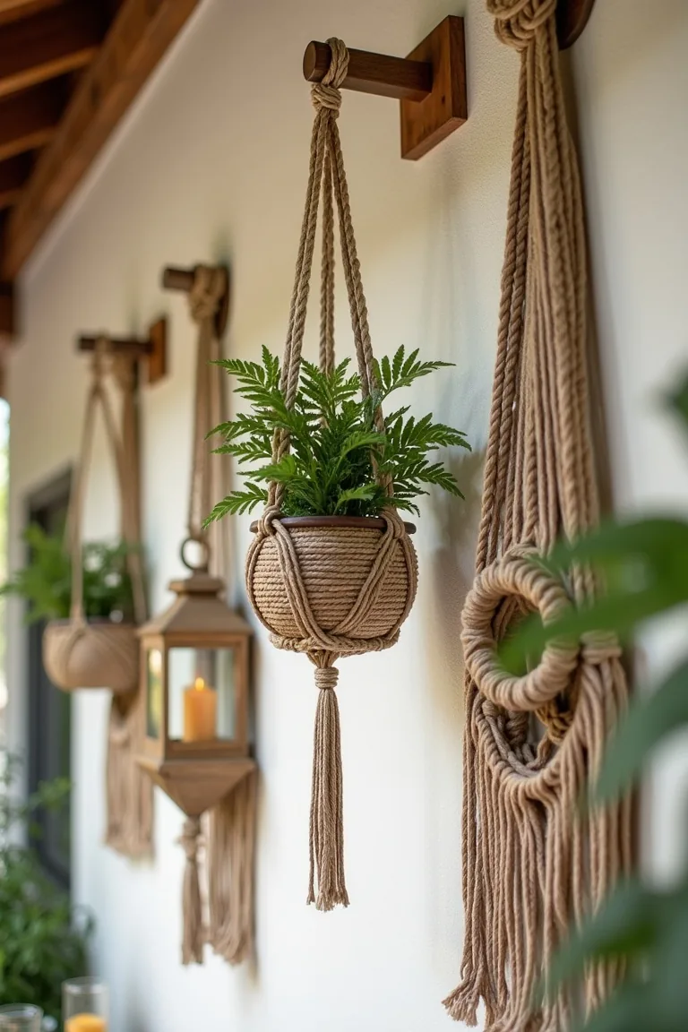 macrame plant hangers and candle lanterns on boho outdoor wall