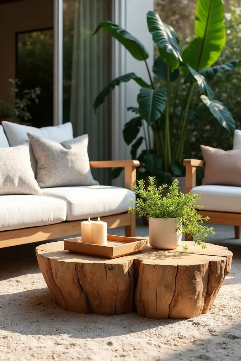 low carved coffee table on boho patio with tray and trailing plant
