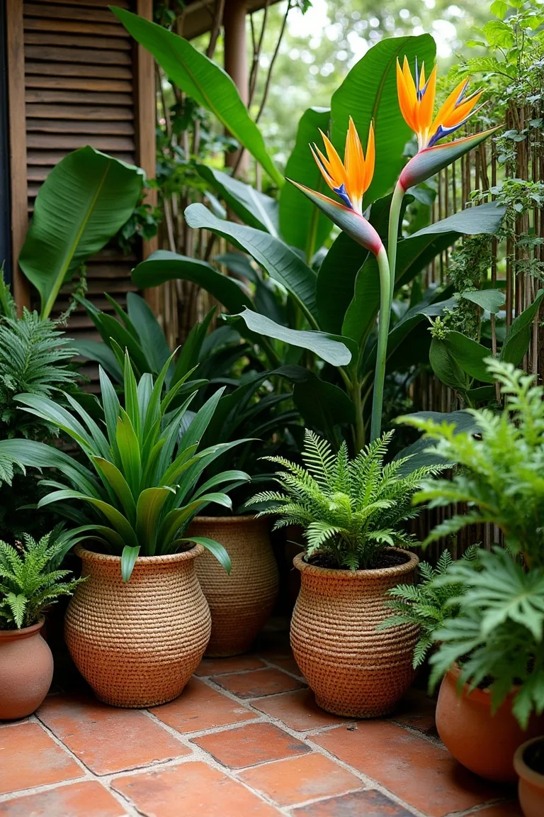 tropical plants on boho outdoor space in woven seagrass baskets