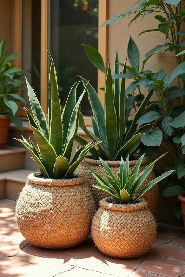 cluster of jute and rattan planters with green plants on boho patio