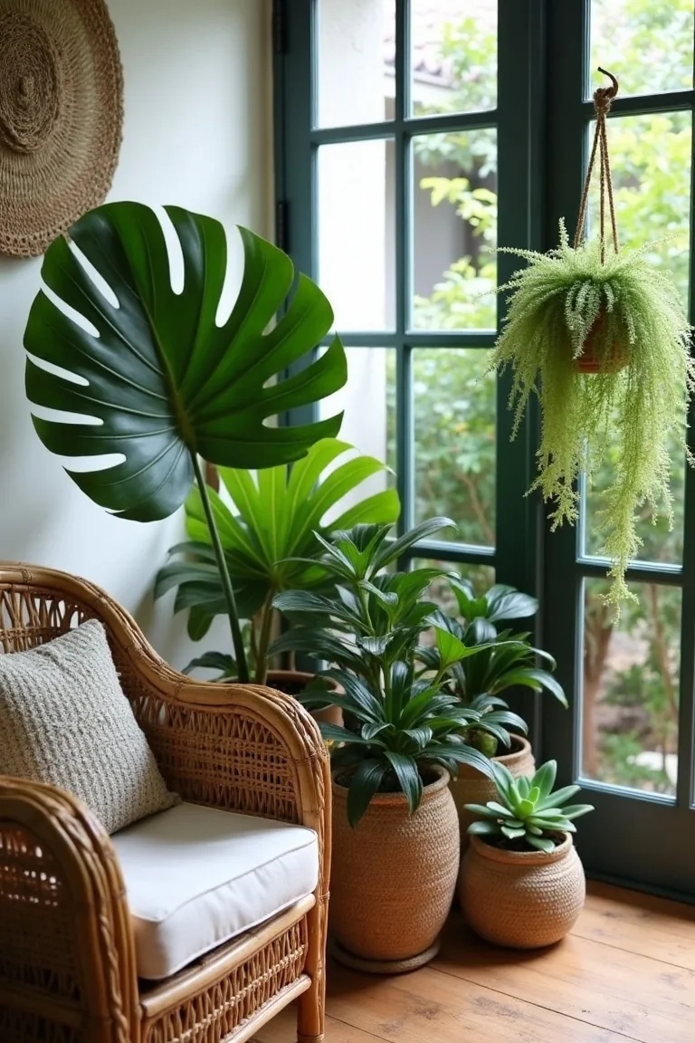 boho patio plant corner with multiple sizes of greenery in rattan