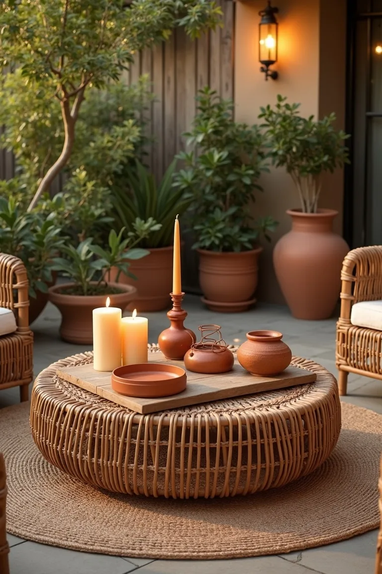 boho outdoor terrace with rattan coffee table and terracotta ceramics