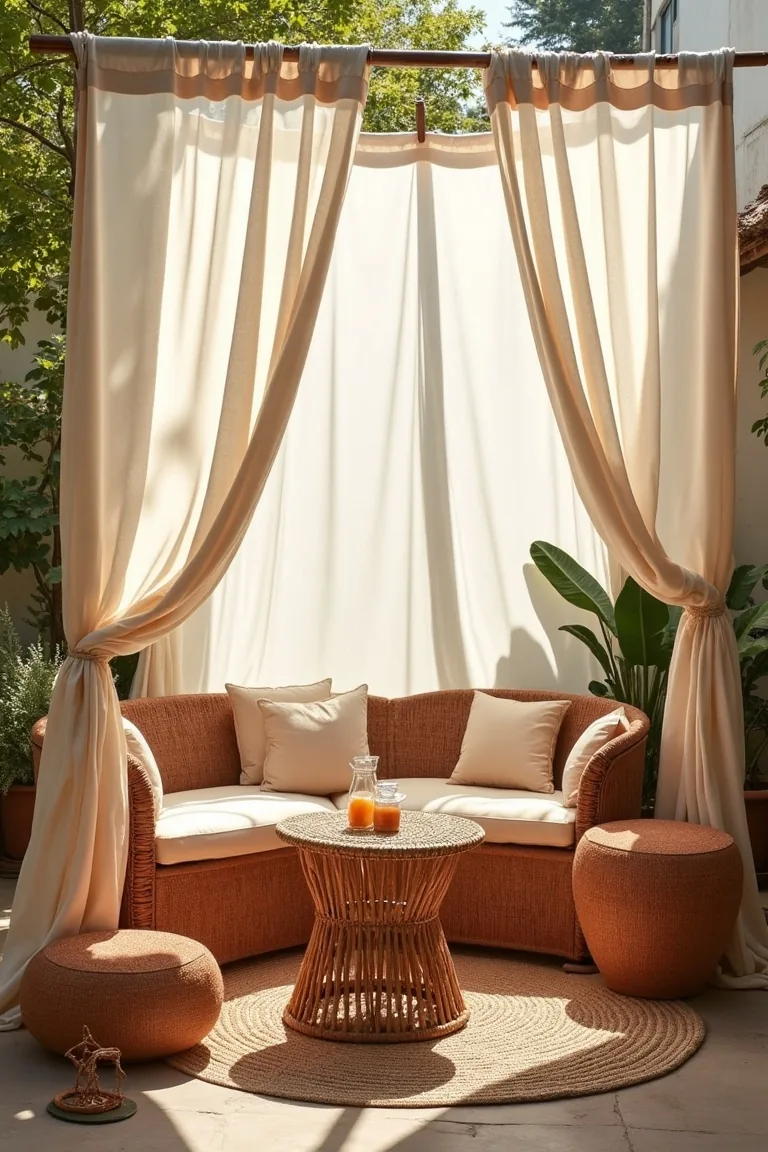 sheer cotton canopy over boho outdoor seating area with rattan furniture