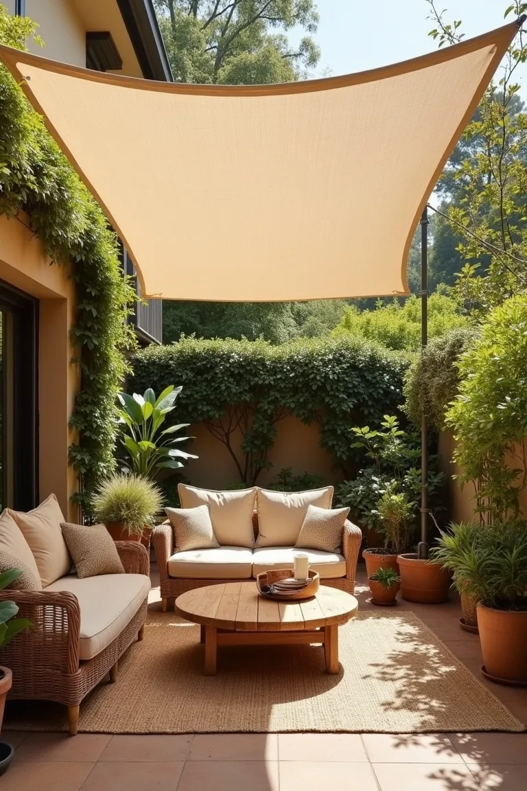 boho patio shade sail in natural linen with low table and plants