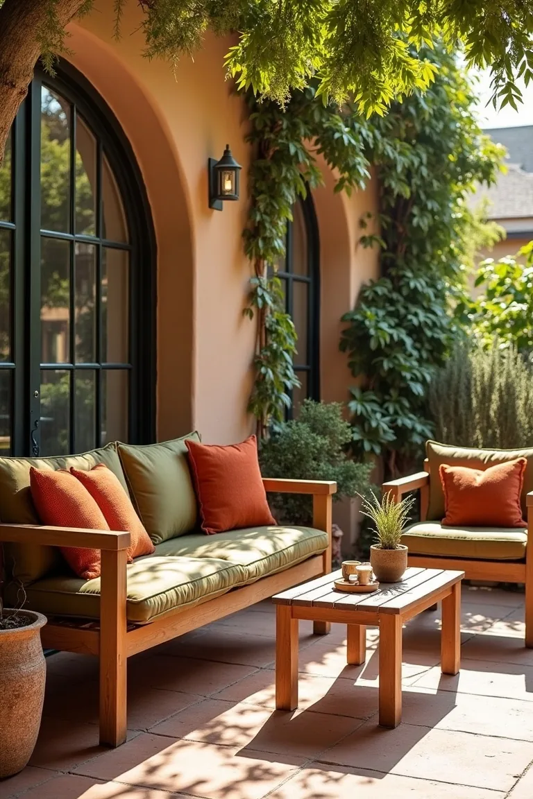earthy boho patio with rust orange pillows and olive green cushions