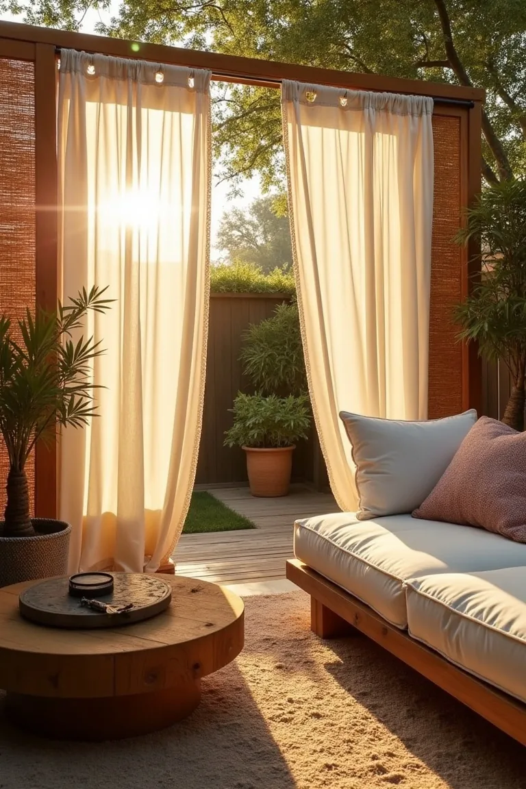 outdoor boho lounge with bamboo panels and gauze curtains