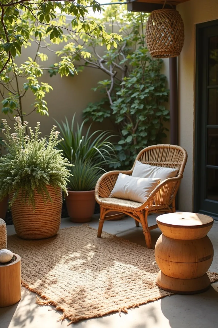 natural material layering on boho patio with jute rug and rattan planter