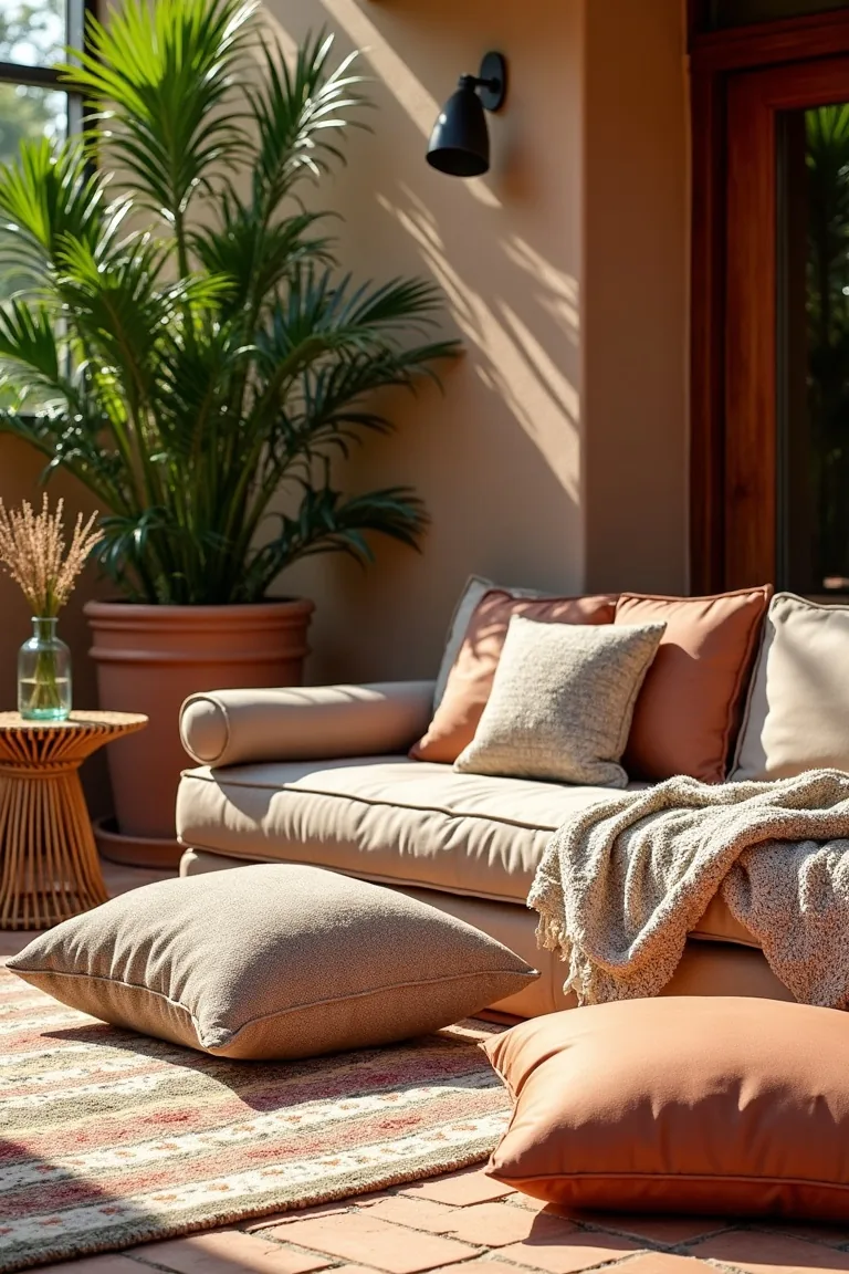 cozy boho patio floor lounge with kilim rug and floor cushions