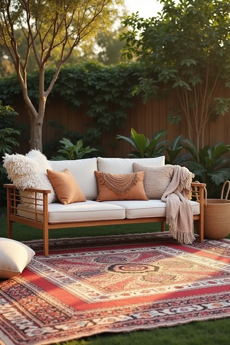 outdoor boho seating area with layered patterned rugs and fringe pillows